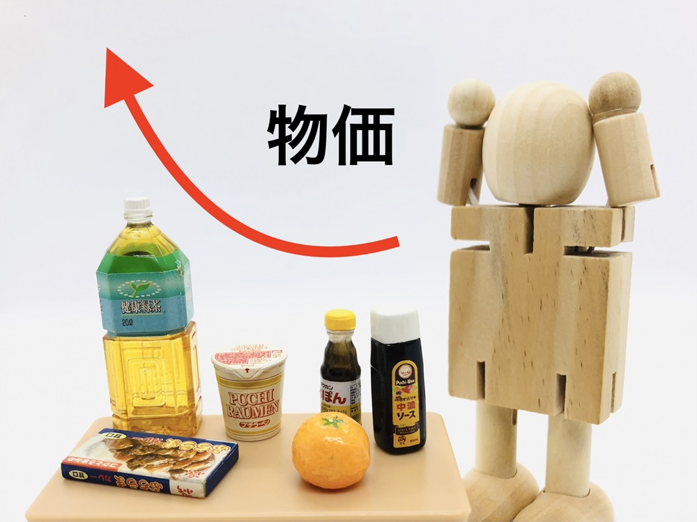 お茶、カップめん、醤油などと木の人形が手をあげている物価高騰のイメージ図