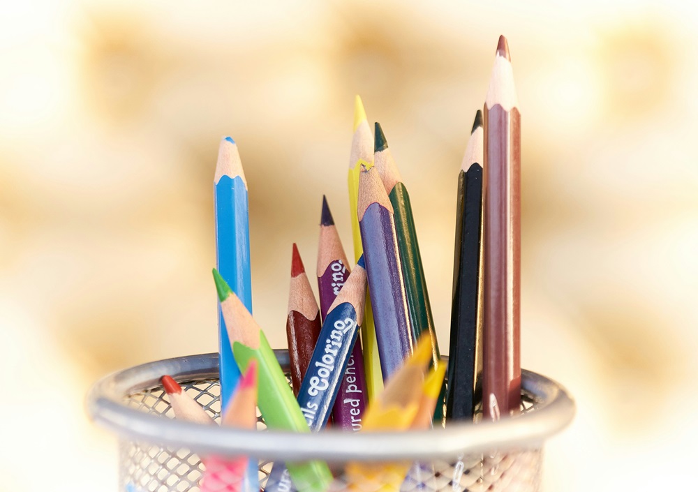 色鉛筆が何本も立ててある。